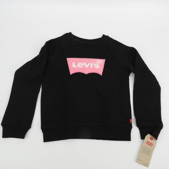 Levis Girl's Black Crewneck Sweatshirt Pink Logo Patch Long Sleeve 6X NWT $42 - Picture 1 of 4